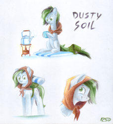 Size: 2343x2571 | Tagged: safe, artist:rsd500, derpibooru import, oc, oc:dusty soil, art trade, bag, cup, green eyes, kettle, looking at you, looking up, reference sheet, saddle bag, simple background, teacup, traditional art, white background