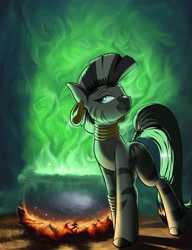 Size: 1280x1664 | Tagged: safe, artist:rocket-lawnchair, derpibooru import, zecora, zebra, backlighting, cauldron, detailed background, female, solo