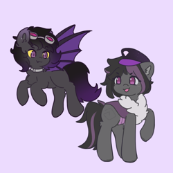 Size: 2048x2048 | Tagged: safe, artist:mayohnays, derpibooru import, oc, oc only, oc:mimicry, oc:zenaris blackmour, bat pony, changeling, branding, collar, cute, dyed mane, dyed tail, female, fluffy, flying, goggles, hat, looking at each other, male, mare, purple changeling, shiftling, smiling, smiling at each other, stallion, wings