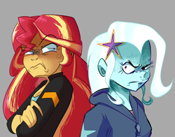 Size: 1380x1080 | Tagged: safe, artist:beefgummies, artist:fatjelyfish, derpibooru import, sunset shimmer, trixie, equestria girls, aggie.io, angry, clothes, cross-popping veins, crossed arms, duo, female, freckles, fringe, gray background, hairpin, jacket, looking at each other, peppered bacon, simple background