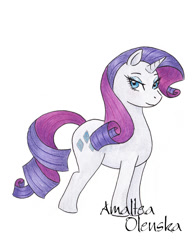 Size: 567x724 | Tagged: safe, alternate version, artist:amalteaolenska, derpibooru import, rarity, pony, unicorn, horn, signature, simple background, solo, traditional art, white background