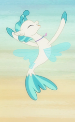 Size: 462x746 | Tagged: safe, derpibooru import, screencap, terramar, seapony (g4), surf and/or turf, belly button, cropped, cute, eyes closed, female, fins, happy, leaping, male, mare, open mouth, smiling, solo, tail, terrabetes