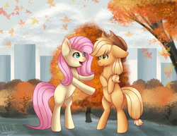 Size: 1280x990 | Tagged: safe, artist:greenmarta, derpibooru import, applejack, fluttershy, earth pony, pegasus, pony, autumn, bipedal, building, duo, duo female, female, looking at each other, mare, open mouth, open smile, park, smiling, smiling at each other, wingless