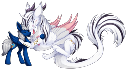 Size: 1757x965 | Tagged: safe, artist:scarlet-spectrum, derpibooru import, oc, oc only, oc:trade wind, oc:ward, oc:yiazmat, draconequus, pegasus, pony, :p, cheek fluff, chest fluff, draconequus oc, ear fluff, ears, eyes closed, folded wings, hug, male, paws, pegasus oc, simple background, smiling, stallion, tongue, tongue out, transparent background, watermark, wings