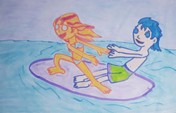 Size: 1280x823 | Tagged: safe, artist:dex stewart, derpibooru import, flash sentry, sunset shimmer, human, equestria girls, belly button, bikini, clothes, couple, female, flashimmer, male, shipping, straight, surfboard, surfing, swimsuit, traditional art