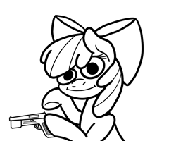 Size: 2048x1638 | Tagged: safe, artist:ewoudcponies, derpibooru import, apple bloom, earth pony, pony, black and white, female, filly, grayscale, gun, hoof hold, lineart, looking at you, monochrome, solo, weapon