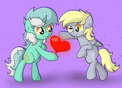 Size: 5746x4164 | Tagged: safe, artist:background basset, derpibooru import, derpy hooves, lyra heartstrings, pegasus, pony, unicorn, bipedal, duo, duo female, female, heart, simple background