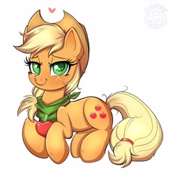 Size: 4070x4096 | Tagged: safe, artist:confetticakez, derpibooru import, applejack, earth pony, pony, absurd resolution, apple, applejack's hat, bandana, clothes, colored pupils, cowboy hat, cute, ear fluff, ears, female, food, freckles, hat, heart, jackabetes, leg fluff, looking at you, lying down, mare, prone, simple background, solo, that pony sure does love apples, white background