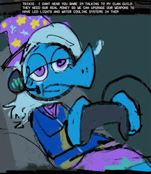 Size: 723x834 | Tagged: safe, artist:cate wurtz, derpibooru import, trixie, pony, semi-anthro, unicorn, clothes, controller, dialogue, equestria girls outfit, female, gaming, gaming headset, hat, headphones, headset, lidded eyes, microphone, open mouth, sitting, solo, trixie's hat