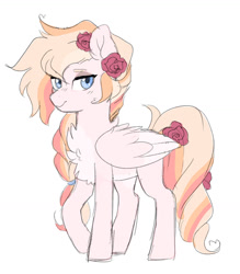 Size: 1280x1464 | Tagged: safe, artist:void-sommar, derpibooru import, oc, oc:rosemary, pegasus, pony, chest fluff, female, flower, flower in hair, magical lesbian spawn, mare, offspring, parent:applejack, parent:rainbow dash, parents:appledash, simple background, solo, white background