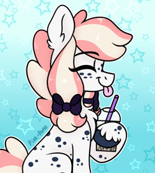 Size: 1335x1500 | Tagged: safe, artist:pink-pone, derpibooru import, oc, oc:bubble tea, earth pony, pony, bow, female, mare, smoothie, solo, tongue, tongue out