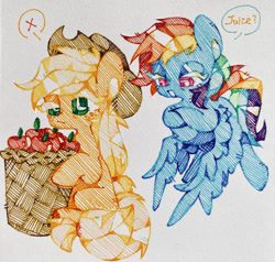 Size: 500x475 | Tagged: artist needed, safe, derpibooru import, applejack, rainbow dash, earth pony, pegasus, pony, apple, basket, cute, dashabetes, female, food, jackabetes, traditional art