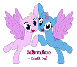 Size: 4681x4106 | Tagged: safe, artist:sakurastageani, derpibooru import, oc, oc only, alicorn, pony, road to friendship, :d, alicorn oc, bald, base, bipedal, duo, eyelashes, female, horn, mare, simple background, smiling, transparent background, wings