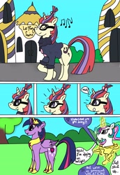 Size: 3048x4440 | Tagged: safe, artist:goldlines005, derpibooru import, moondancer, princess celestia, twilight sparkle, twilight sparkle (alicorn), alicorn, pony, unicorn, building, bust, comic, dialogue, female, glowing horn, horn, implied princess luna, jewelry, magic, mare, outdoors, peytral, portal, telekinesis, tiara