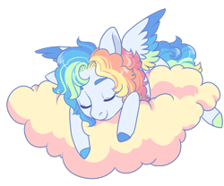Size: 1200x1000 | Tagged: safe, artist:lavvythejackalope, derpibooru import, oc, oc only, pegasus, pony, cloud, colored hooves, commission, eyes closed, multicolored hair, on a cloud, pegasus oc, rainbow hair, simple background, sleeping, solo, transparent background, two toned wings, wings, ych result