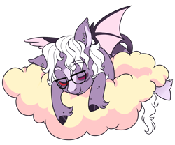 Size: 1200x1000 | Tagged: safe, artist:lavvythejackalope, derpibooru import, oc, oc only, bat pony, pony, bat pony oc, bat wings, cloud, colored hooves, commission, eyes closed, glasses, on a cloud, simple background, sleeping, solo, transparent background, wings, ych result