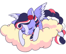 Size: 1200x1000 | Tagged: safe, artist:lavvythejackalope, derpibooru import, oc, oc only, pegasus, pony, braided tail, cloud, commission, eyes closed, flower, flower in hair, on a cloud, pegasus oc, rose, simple background, sleeping, solo, transparent background, two toned wings, wings, ych result