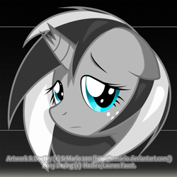 Size: 1500x1500 | Tagged: safe, artist:srmario, derpibooru import, oc, oc only, pony, unicorn, abstract background, broken horn, eyelashes, female, frown, horn, mare, unicorn oc