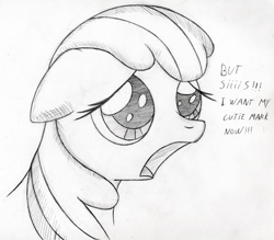 Size: 500x437 | Tagged: safe, artist:srmario, derpibooru import, apple bloom, earth pony, pony, call of the cutie, ears, female, filly, floppy ears, grayscale, implied applejack, lineart, missing accessory, monochrome, open mouth, solo, talking, traditional art