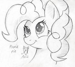 Size: 500x443 | Tagged: safe, artist:srmario, derpibooru import, pinkie pie, earth pony, pony, bust, eyelashes, female, grayscale, lineart, mare, monochrome, smiling, solo, traditional art