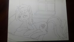 Size: 1032x581 | Tagged: safe, artist:danger-above, derpibooru import, oc, oc:snowi, unicorn, awake, bead, biohazard, female, full body, hooves, horn, mare, sketch, sleepy, traditional art