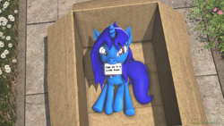 Size: 1920x1080 | Tagged: safe, artist:christian69229, derpibooru import, oc, oc only, oc:delly, pony, unicorn, 3d, box, cardboard box, collar, cute, female, letter, looking at you, mare, mouth hold, ocbetes, pony in a box, sitting, smiling, solo, source filmmaker