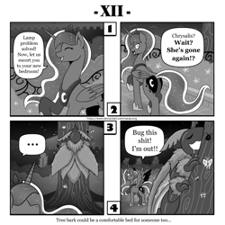 Size: 1200x1200 | Tagged: safe, artist:vavacung, derpibooru import, princess luna, queen chrysalis, alicorn, insect, moth, comic:out of chrysalis, comic, cross-popping veins, female, species swap, vulgar