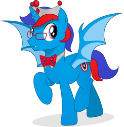 Size: 4561x4661 | Tagged: safe, artist:pumpkinpieforlife, derpibooru import, oc, oc:kingdisneymarvel, alicorn, bat pony, bat pony alicorn, pony, absurd resolution, bat wings, bowtie, crown, glasses, horn, jewelry, male, regalia, simple background, solo, stallion, transparent background, vector, wings