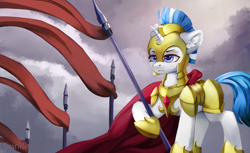 Size: 2400x1466 | Tagged: safe, artist:twinkling, derpibooru import, oc, oc only, pony, unicorn, armor, cloak, clothes, female, flag, guardsmare, mare, royal guard, solo, spear, weapon
