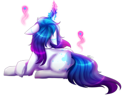 Size: 2769x2160 | Tagged: safe, artist:inspiredpixels, derpibooru import, oc, oc only, pony, coat markings, ears, floppy ears, glowing horn, horn, lying down, magic, signature, simple background, solo, transparent background, underhoof