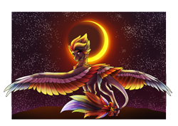 Size: 4961x3508 | Tagged: safe, artist:oneiria-fylakas, derpibooru import, oc, pegasus, pony, colored wings, eclipse, female, mare, multicolored wings, solo, tail feathers, wings