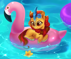 Size: 988x818 | Tagged: safe, artist:switchsugar, derpibooru import, oc, oc only, kirin, pony, floaty, inner tube, kirin oc, solo, water