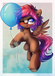 Size: 3584x4961 | Tagged: safe, artist:chaosangeldesu, derpibooru import, oc, oc only, oc:shaded star, pegasus, pony, balloon, cute, female, flying, happy, heart, looking at you, mare, ocbetes, party balloon, solo, unshorn fetlocks
