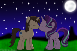 Size: 1600x1067 | Tagged: safe, artist:phantomshadow051, derpibooru import, starlight glimmer, oc, oc:brandon, branglimmer, canon x oc, eyes closed, kissing, moon, shipping, stars