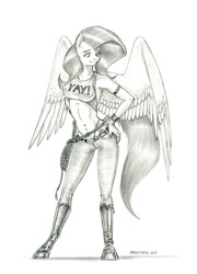 Size: 1000x1387 | Tagged: safe, artist:baron engel, derpibooru import, fluttershy, anthro, pegasus, unguligrade anthro, boots, breasts, bullwhip, clothes, female, hootershy, monochrome, panties, pants, pencil drawing, shoes, smiling, solo, thong, traditional art, underwear