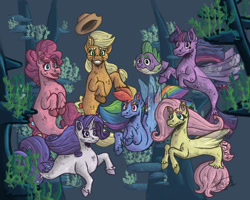 Size: 1280x1024 | Tagged: safe, artist:majozajo, derpibooru import, applejack, fluttershy, pinkie pie, rainbow dash, rarity, spike, twilight sparkle, twilight sparkle (alicorn), alicorn, earth pony, fish, pegasus, pony, seapony (g4), unicorn, my little pony: the movie, applejack's hat, clothes, cowboy hat, dorsal fin, eyelashes, female, fin wings, fish tail, flowing mane, flowing tail, hat, horn, mane seven, mane six, no pupils, ocean, open mouth, puffer fish, seaponified, seapony applejack, seapony fluttershy, seapony pinkie pie, seapony rainbow dash, seapony rarity, seapony twilight, seaweed, smiling, species swap, spike the pufferfish, tail, underwater, unshorn fetlocks, water