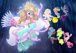 Size: 2912x2059 | Tagged: safe, artist:jucamovi1992, derpibooru import, oc, oc only, pony, seapony (g4), unicorn, blue eyes, bubble, coral, crown, dancing, dorsal fin, eyelashes, eyes closed, fan, female, fish tail, flowing mane, flowing tail, glow, hoof shoes, horn, jewelry, ocean, regalia, ribbon, royalty, seaponified, smiling, species swap, swimming, tail, underwater, water