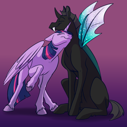 Size: 1000x1000 | Tagged: safe, artist:foxenawolf, derpibooru import, thorax, twilight sparkle, twilight sparkle (alicorn), alicorn, changeling, pony, fanfic:off the mark, cute, duo, eyes closed, female, gradient background, horn, male, mare, nuzzling, shipping, smiling, sparkly wings, straight, thorabetes, twiabetes, twirax, unshorn fetlocks, wings