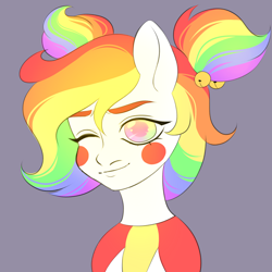 Size: 2000x2000 | Tagged: safe, artist:dollinna, derpibooru import, oc, oc only, oc:giggle grin, earth pony, pony, clown, face paint, female, gray background, mare, multicolored hair, one eye closed, rainbow hair, simple background, solo, wink