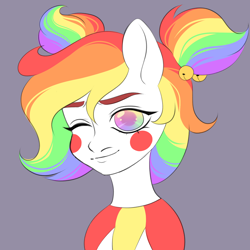 Size: 2000x2000 | Tagged: safe, alternate version, artist:dollinna, derpibooru exclusive, derpibooru import, oc, oc only, oc:giggle grin, earth pony, pony, clown, face paint, female, gray background, mare, multicolored hair, one eye closed, rainbow hair, simple background, solo, wink