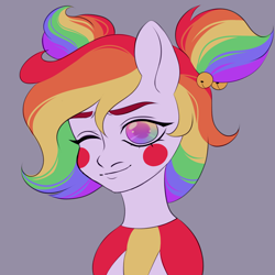 Size: 2000x2000 | Tagged: safe, alternate version, artist:dollinna, derpibooru exclusive, derpibooru import, oc, oc only, oc:giggle grin, earth pony, pony, clown, face paint, female, gray background, mare, multicolored hair, one eye closed, rainbow hair, simple background, solo, wink