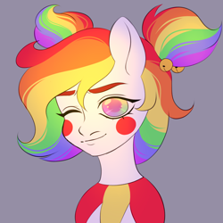 Size: 2000x2000 | Tagged: safe, alternate version, artist:dollinna, derpibooru exclusive, derpibooru import, oc, oc only, oc:giggle grin, earth pony, pony, clown, face paint, female, gray background, mare, multicolored hair, one eye closed, rainbow hair, simple background, solo, wink