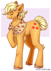 Size: 967x1354 | Tagged: safe, artist:lilith1light, derpibooru import, applejack, earth pony, pony, alternate hairstyle, cute, eyes closed, female, jackabetes, mare, older, older applejack, raised hoof, raised leg, solo, unshorn fetlocks