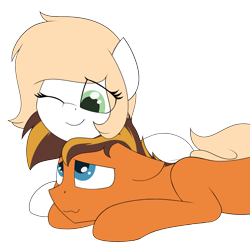 Size: 1700x1700 | Tagged: safe, artist:ponynamedmixtape, derpibooru import, oc, oc only, oc:mixtape, oc:stumm, earth pony, adopted offspring, comforting, female, lying down, male, mother and child, mother and son, parent and child, simple background, snuggling, transparent background