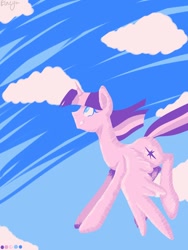 Size: 600x800 | Tagged: safe, artist:maeveadair, derpibooru import, twilight sparkle, twilight sparkle (alicorn), alicorn, pony, cloud, flying, limited palette, no pupils, sky background, smiling, solo