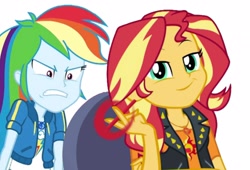 Size: 2289x1556 | Tagged: safe, derpibooru import, edit, edited screencap, screencap, rainbow dash, sunset shimmer, better together, equestria girls, holidays unwrapped, super squad goals, angry, background removed, rage, ragebow dash, rainbow dash is not amused, simple background, smugset shimmer, unamused, white background
