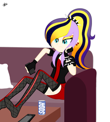 Size: 1630x1800 | Tagged: safe, artist:princessmoonsilver, derpibooru import, oc, oc:ashlyn, equestria girls, clothes, feet on table, female, fishnet stockings, jacket, missing shoes, punk, simple background, skirt, solo, stocking feet, stockings, thigh highs, transparent background