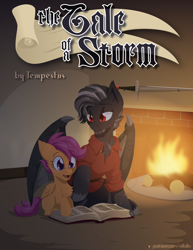 Size: 1224x1584 | Tagged: safe, artist:willoillo, derpibooru import, scootaloo, oc, dracony, dragon, hybrid, pony, blackletter, clothes, commission, cover, fanfic art, fireplace, open book, rolled up sleeves, shirt, sword, weapon