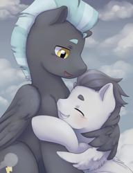 Size: 3775x4905 | Tagged: safe, artist:aquoquoo, derpibooru import, rumble, thunderlane, pegasus, pony, brothers, colt, eyes closed, grin, hug, male, open mouth, open smile, siblings, smiling, stallion, winghug, wings
