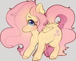 Size: 1036x835 | Tagged: safe, artist:mochateeny, derpibooru import, fluttershy, pegasus, pony, blushing, colored hooves, cute, daaaaaaaaaaaw, female, gray background, hair over one eye, looking at you, mare, shorn fetlocks, shyabetes, simple background, solo, standing, three quarter view, wings